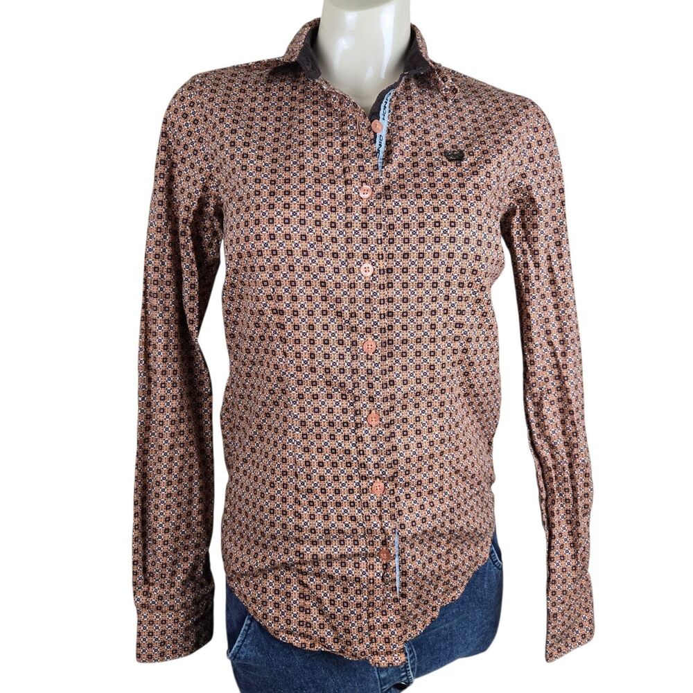 Cinch Button Shirt Womens XS Geometric Floral Orange Brown Long Sleeve Western
